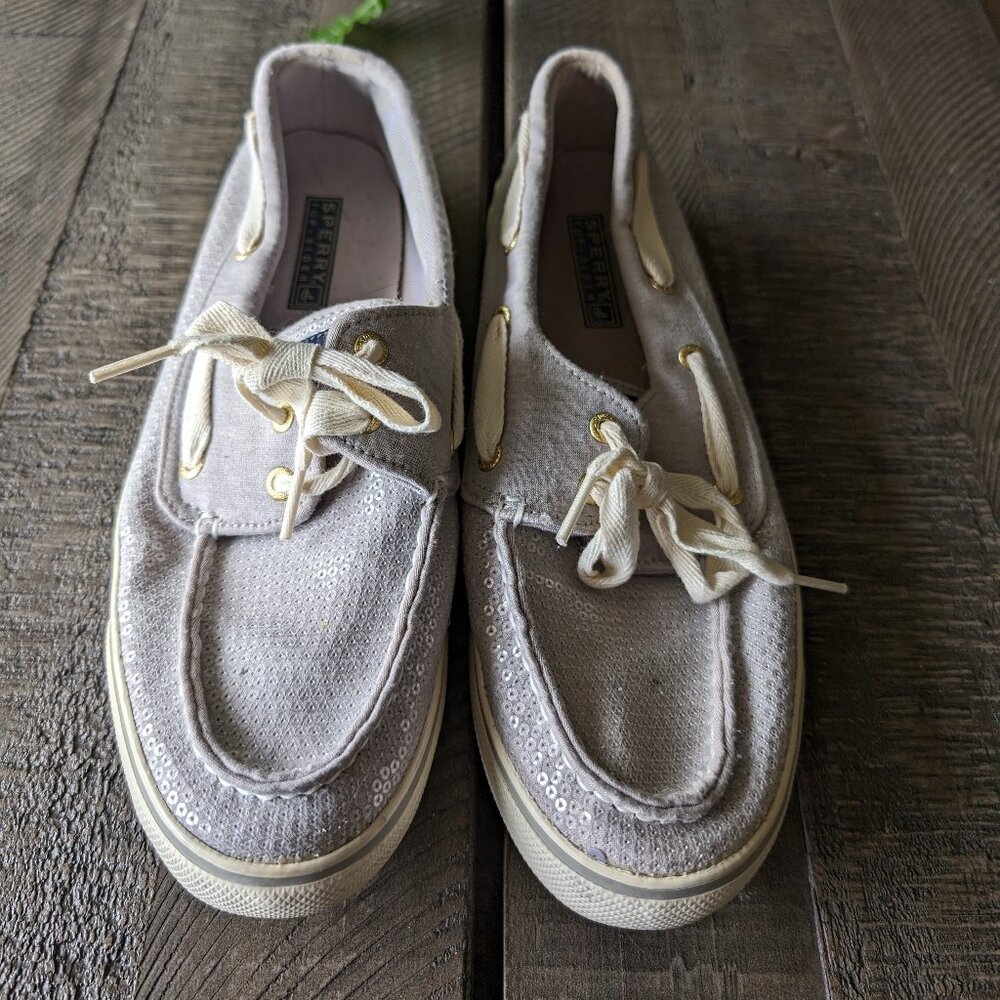 Sperry Sequin Sparkle Glitter Silver Gray Deck Boat Slip on Shoes Size 8.5